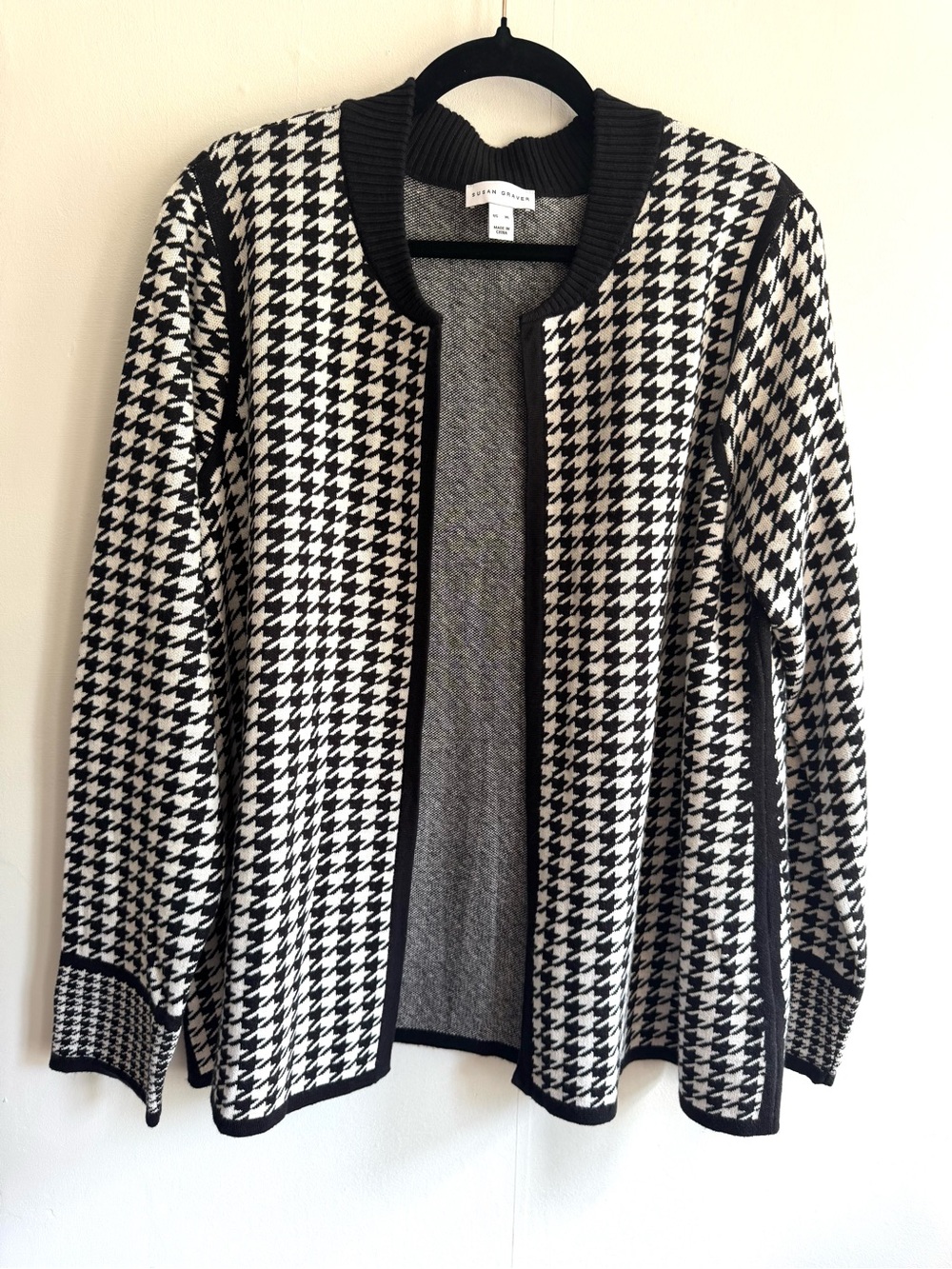 Susan Graver Houndstooth Open-Front Women’s Sweater Cardigan - Black & White